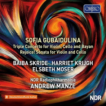 Cover van Skride, Baiba & Ndr Radiophilharmonie & Andrew Manze – Gubaidulina: Triple Concerto For Violin, Cello & Bayan / Rejoice!