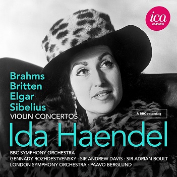 Cover van Haendel, Ida – Britten, Brahms, Elgar & Sibelius: Violin Concertos (Live)